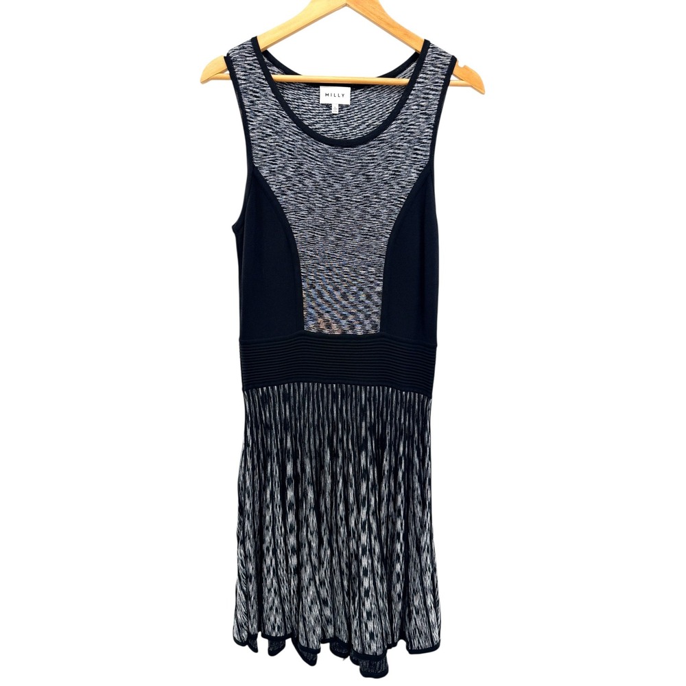 Milly Black White Space Dye‎ Mixed Knit Sleeveless Fit Flare Skater Dress Large
